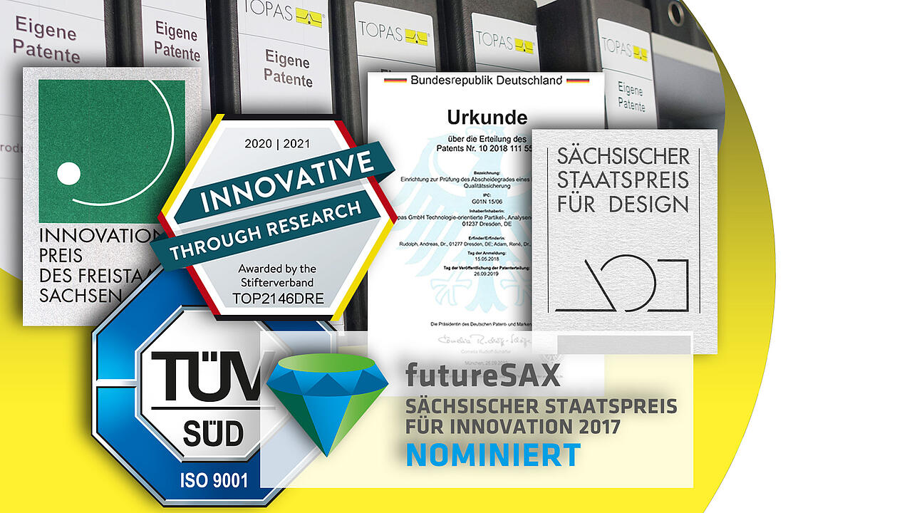 Gelber Kreis mit &Uuml;berschrift "Patents & Awards", daneben diverse Logos, Patentschrift, Auszeichnungen